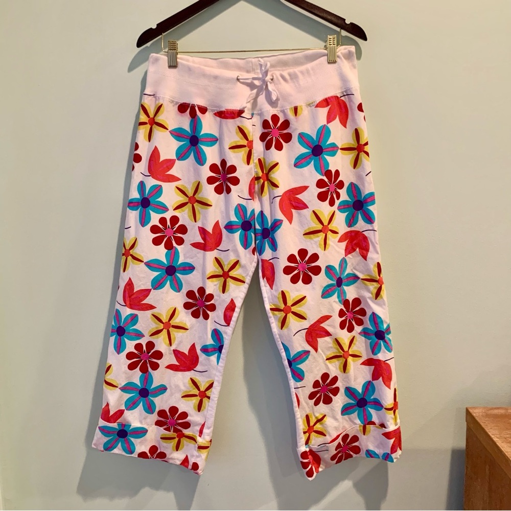 Nilla Shields Flower Print Retro 80s Cuffed Cropped Pull On Pants Large L
